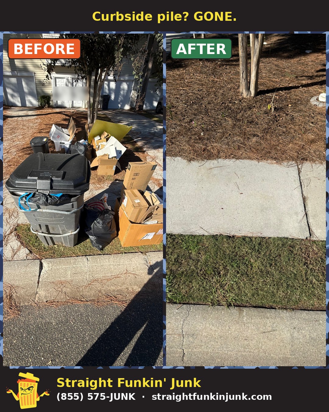 Before and after: a curbside pile of trash bins, bags and boxes cleared by Straight Funkin' Junk